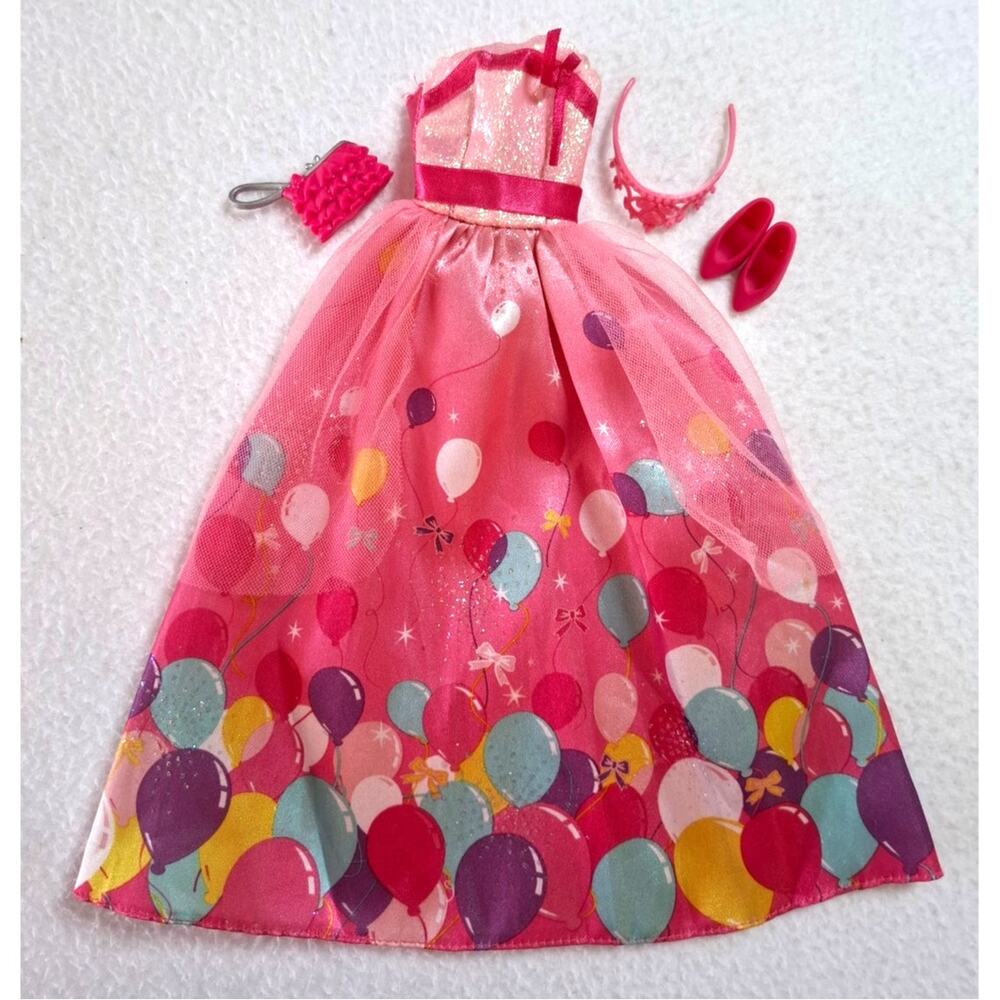 2011 Barbie Princess Happy Birthday Pink Dress Gown Tiara Shoes Purse
